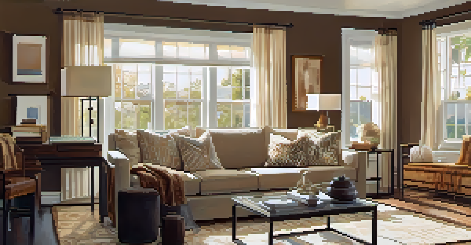 An appraiser measuring a cozy living room filled with natural light, showcasing soft furnishings and personal decor.
