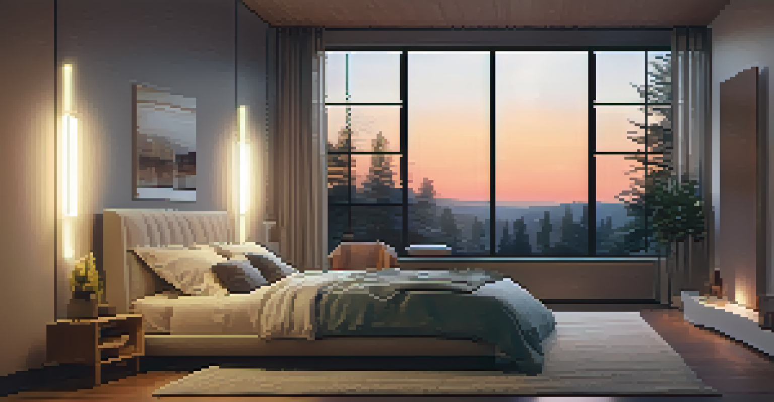 A cozy bedroom at dusk with a smart home hub controlling warm ambient lighting and temperature, featuring a neatly made bed and sunset visible through the window.