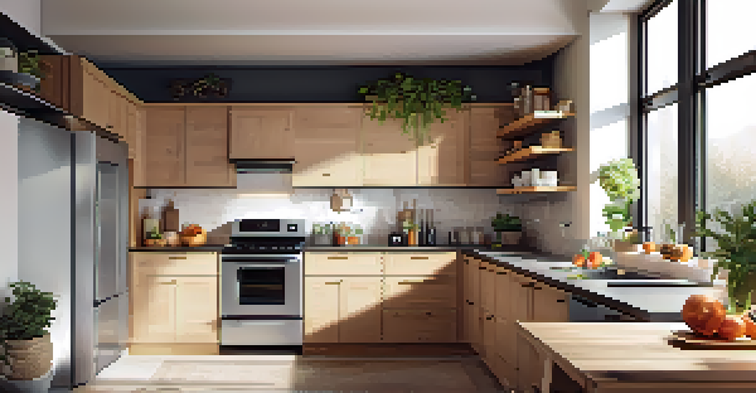 A clean and organized kitchen with modern appliances and a bowl of fruit on the counter.