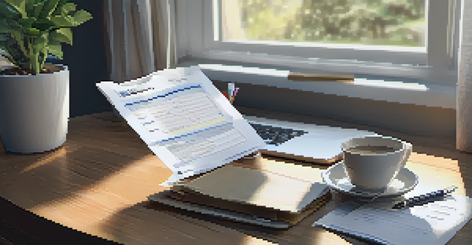 A person managing their bills and budgeting on a wooden table, with a laptop and a cup of coffee in a well-lit room.