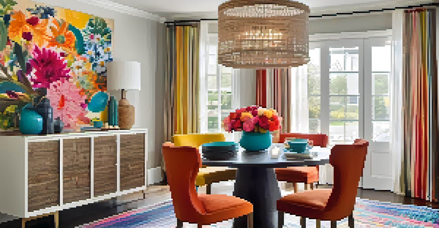 A vibrant dining area with eclectic decor featuring a colorful wall art, mismatched chairs, and fresh flowers on a wooden table, illuminated by a pendant light.