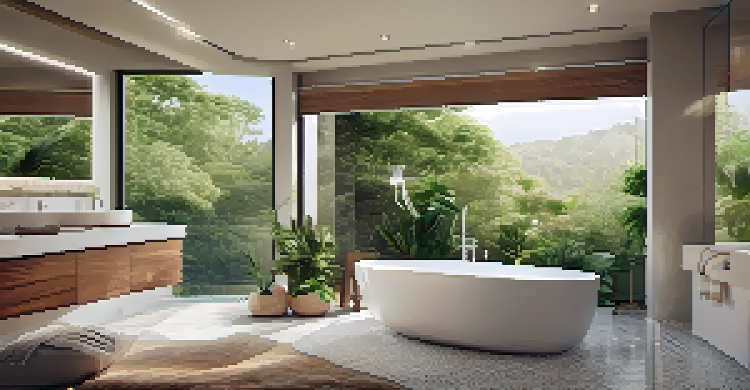 A tranquil bathroom featuring a freestanding bathtub surrounded by greenery, emphasizing a spa-like atmosphere.