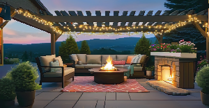 An outdoor patio with weather-resistant furniture, a fire pit, string lights, and colorful plants, creating a cozy ambiance at twilight.