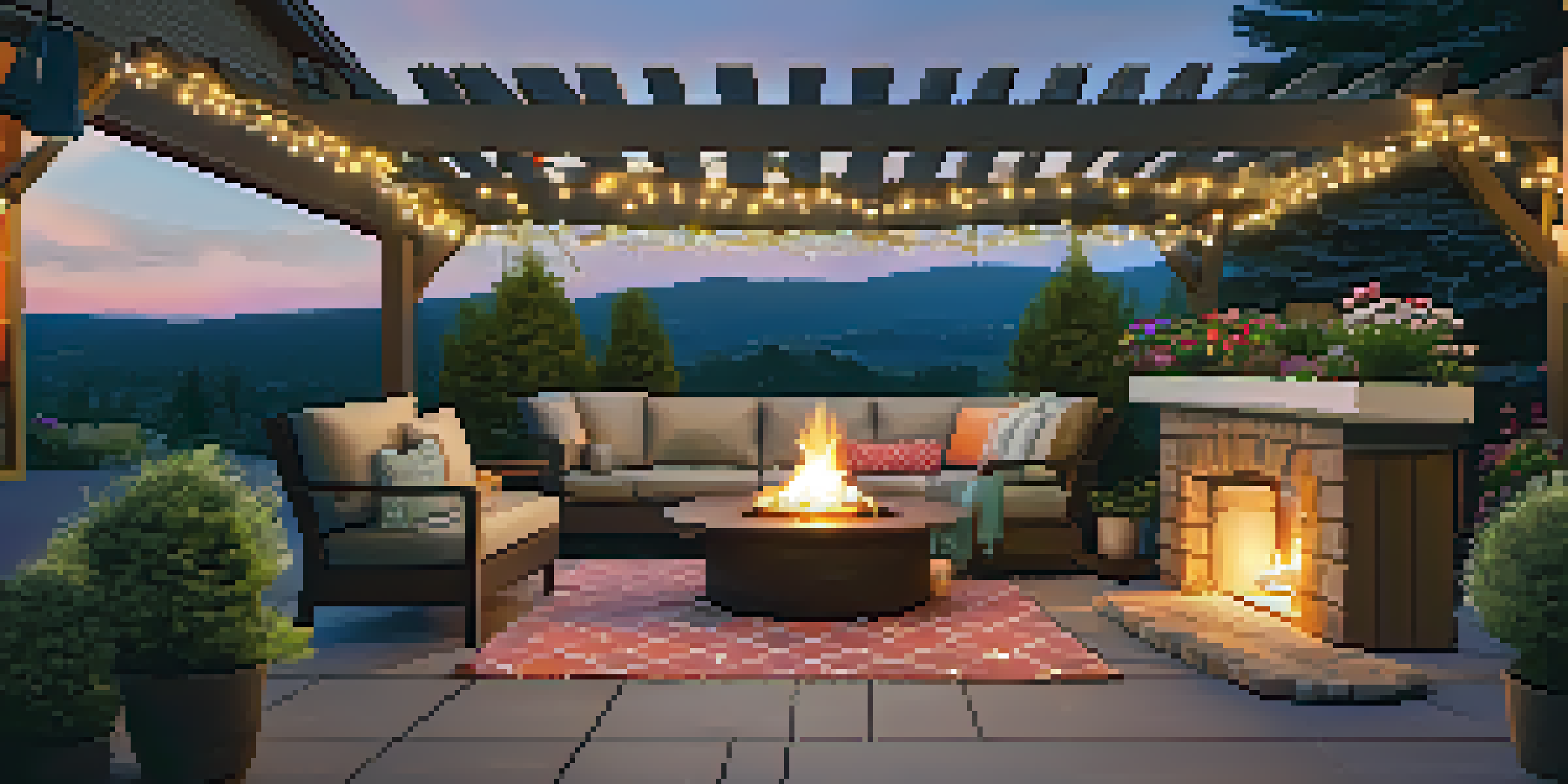 An outdoor patio with weather-resistant furniture, a fire pit, string lights, and colorful plants, creating a cozy ambiance at twilight.