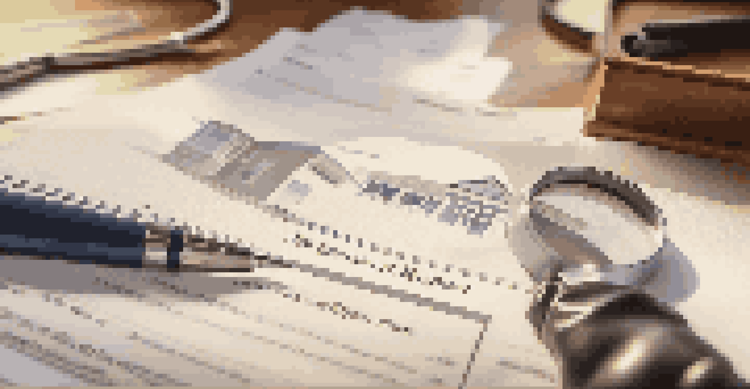 A close-up of a home inspection report with a pen and magnifying glass on a wooden table, with a home in the background.