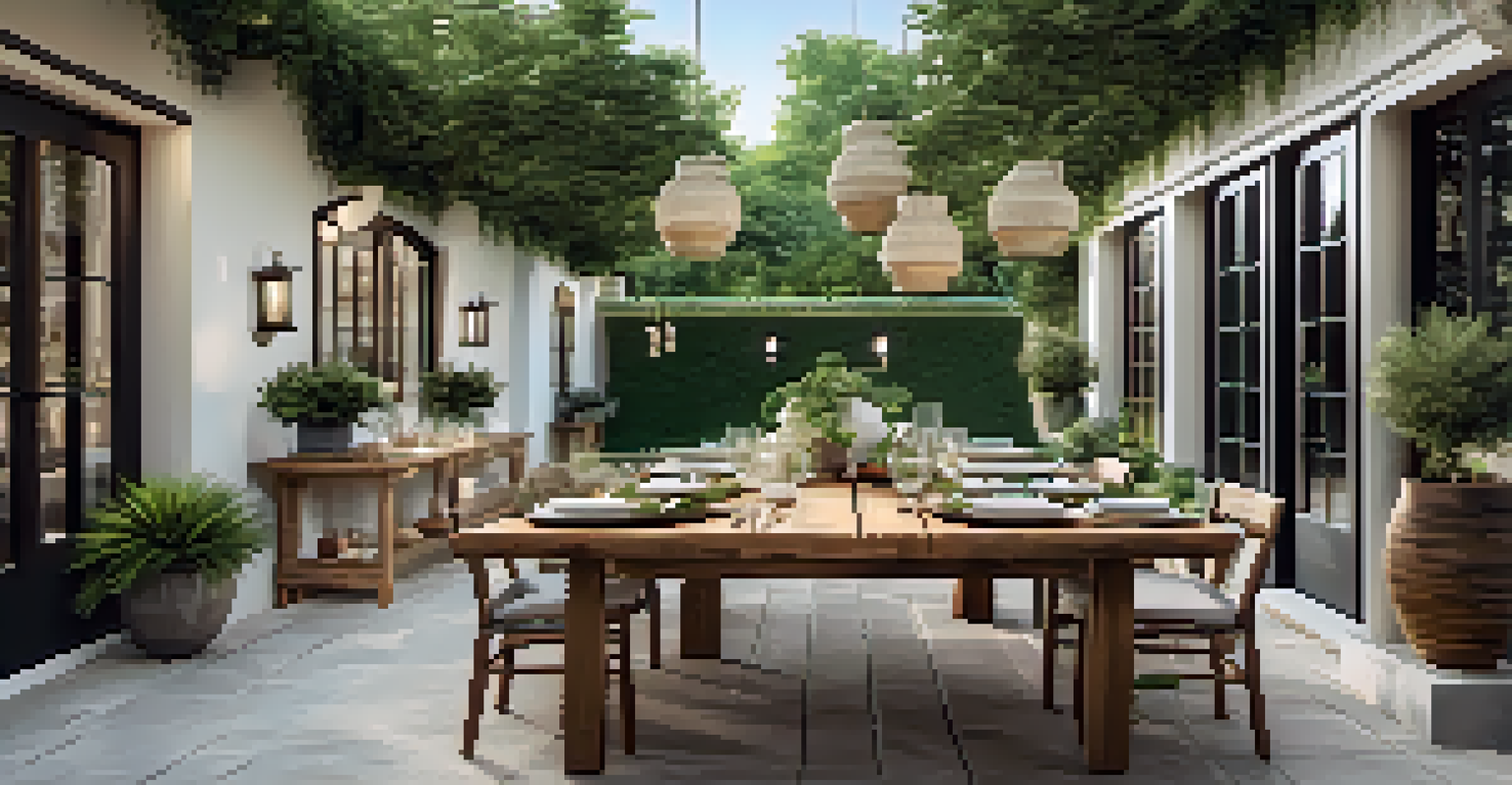 An outdoor dining area with a wooden table, comfortable chairs, and decorative lanterns among greenery.