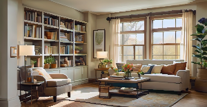 A cozy living room with a sofa, coffee table, flowers, bookshelves, and warm lighting.