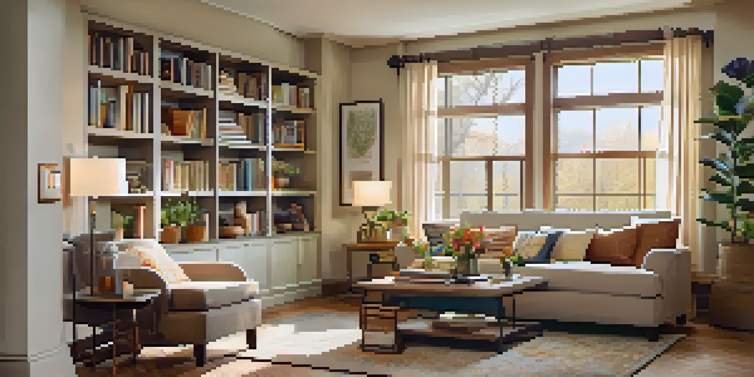 A cozy living room with a sofa, coffee table, flowers, bookshelves, and warm lighting.
