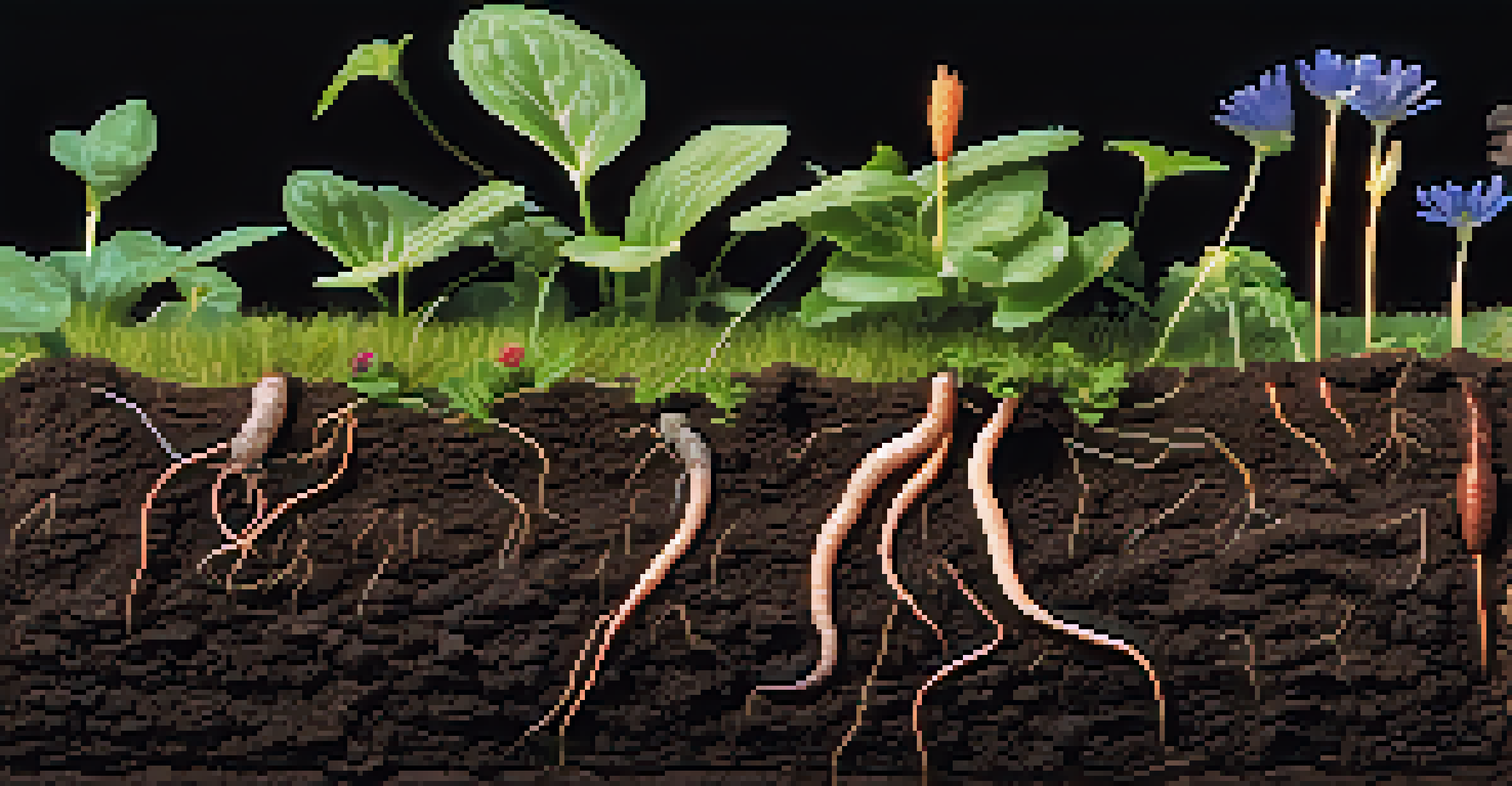 A close-up view of healthy soil layers, rich in organic matter with visible plant roots and small earthworms, with young plants sprouting in the background.