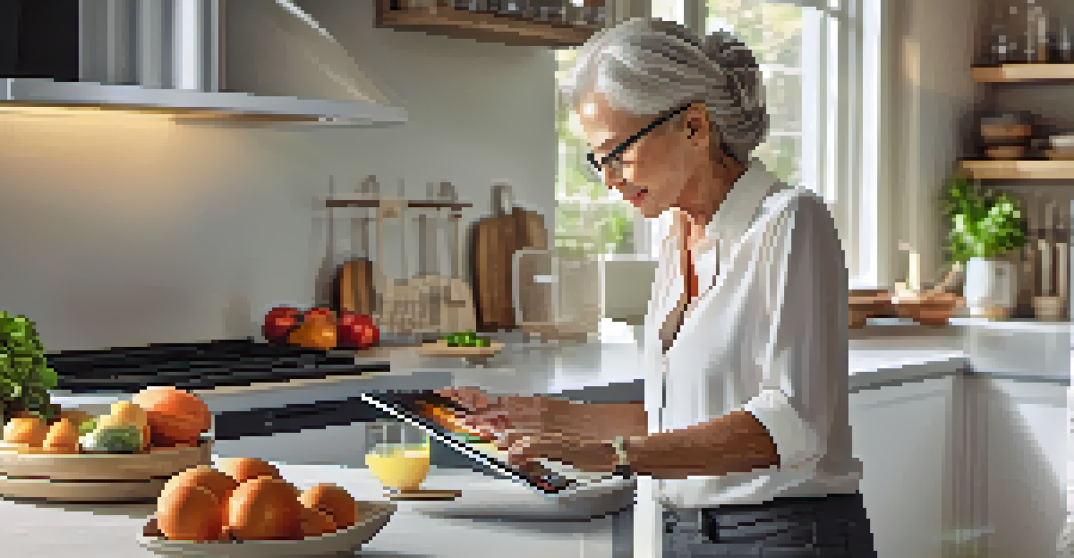 An elderly woman in a bright kitchen controlling a smart oven with a tablet, surrounded by fresh ingredients.