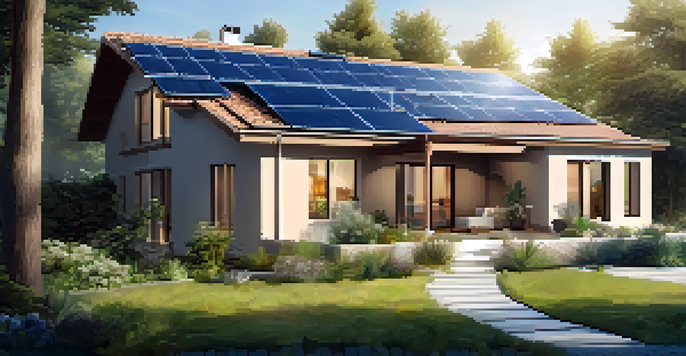 A modern house with solar panels on the roof, surrounded by greenery and a clear blue sky.