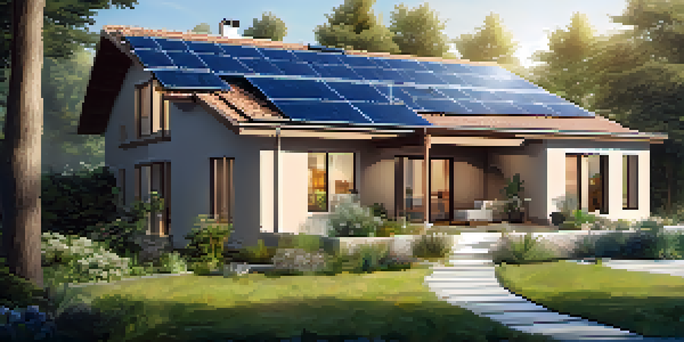 A modern house with solar panels on the roof, surrounded by greenery and a clear blue sky.