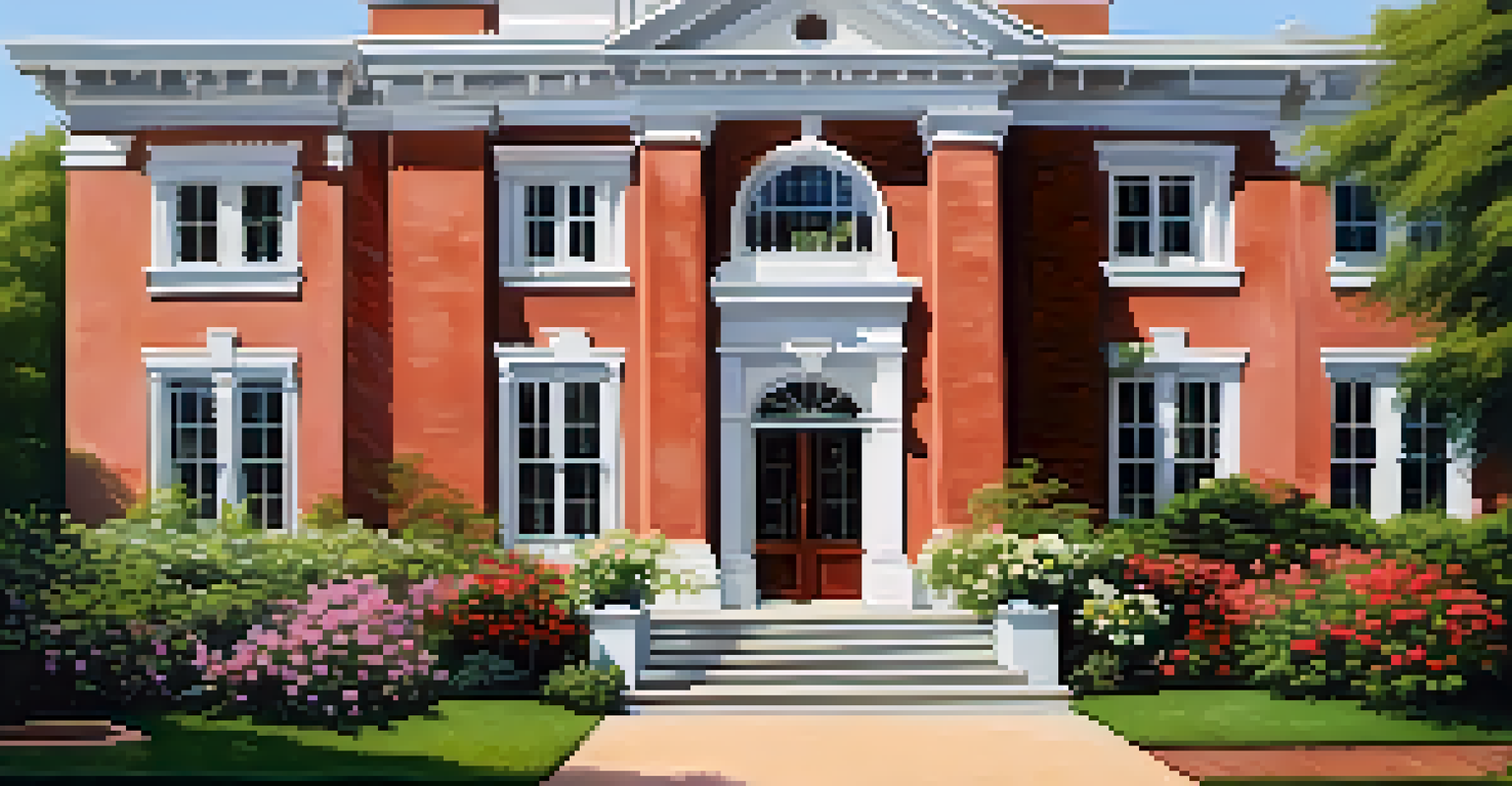 A historical society building surrounded by greenery and flowers, with people conversing outside, showcasing community engagement.