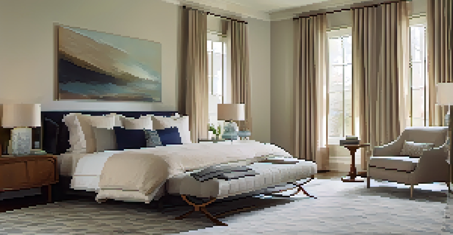A bedroom featuring layered rugs, with a shag rug under the bed and patterned runners on the sides, illuminated by soft lighting.