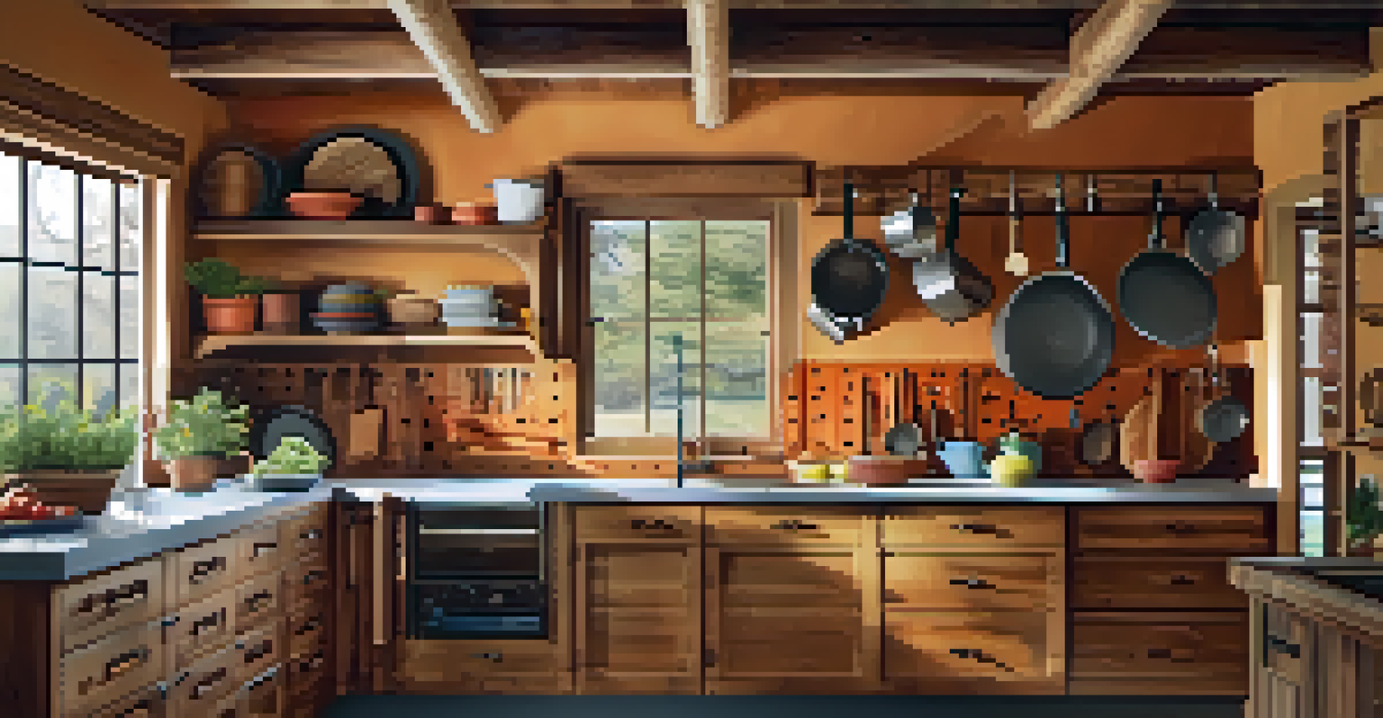 A rustic kitchen with a pegboard wall displaying pots and utensils, warm wood tones, and natural light.