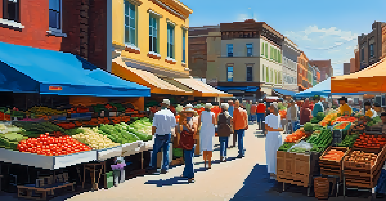 A busy market with colorful fruits, flowers, and people enjoying the scene.