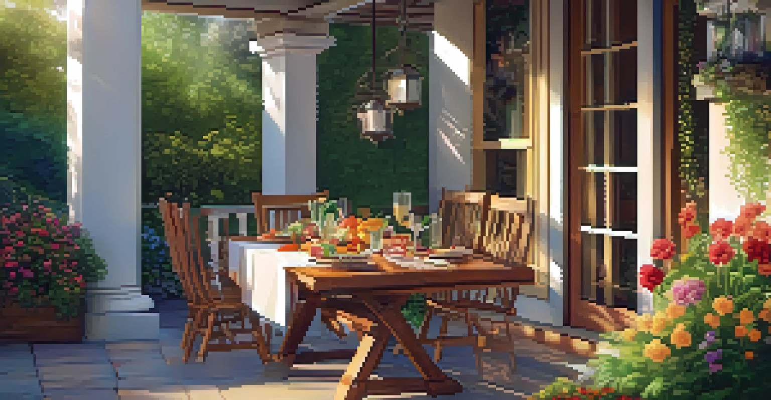 A peaceful outdoor patio with a wooden dining table and greenery, illuminated by golden hour light.