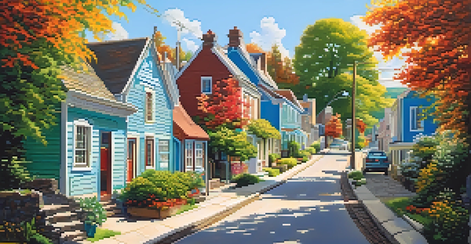 A small town with charming houses, green trees, and a clear blue sky, featuring people walking on a winding road.