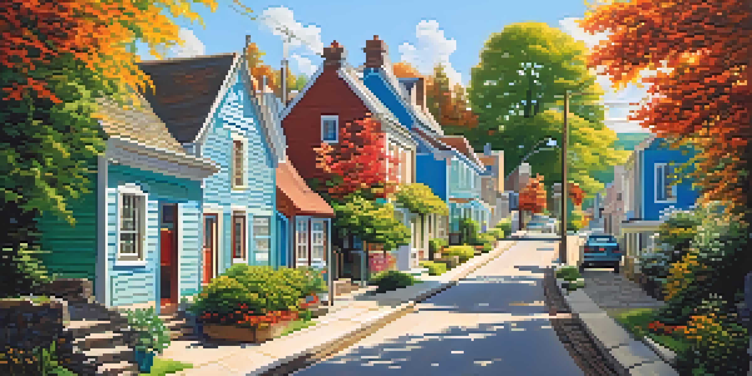 A small town with charming houses, green trees, and a clear blue sky, featuring people walking on a winding road.