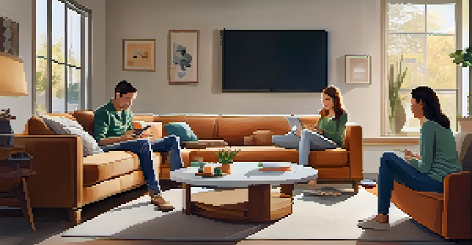 A cozy living room where a family enjoys time together, surrounded by smart home devices like a smart speaker and thermostat.