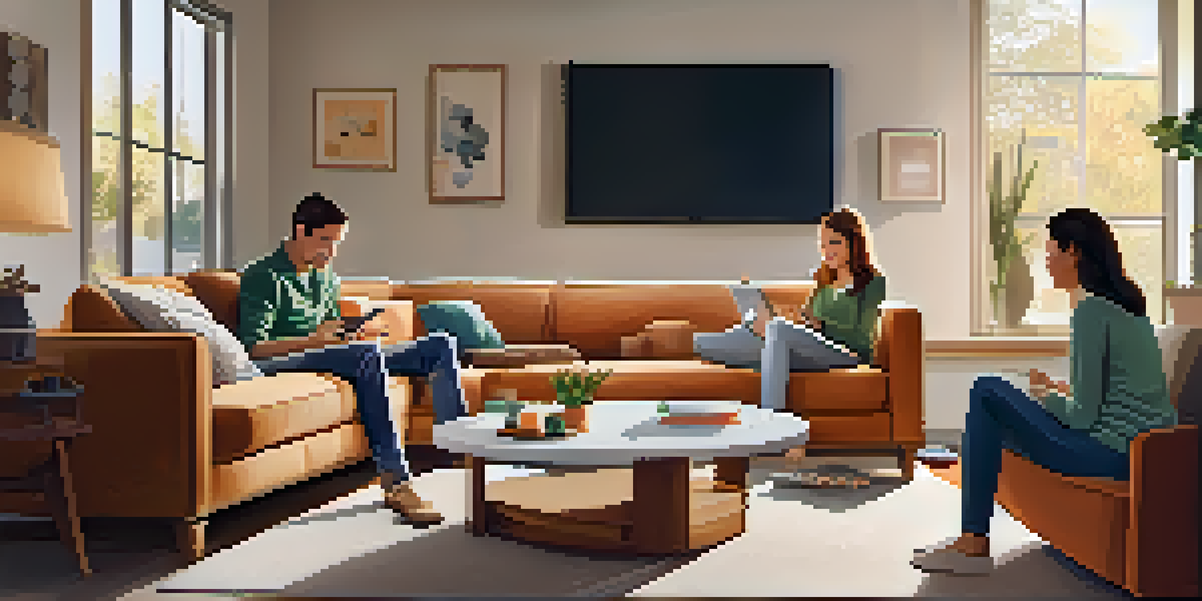 A cozy living room where a family enjoys time together, surrounded by smart home devices like a smart speaker and thermostat.