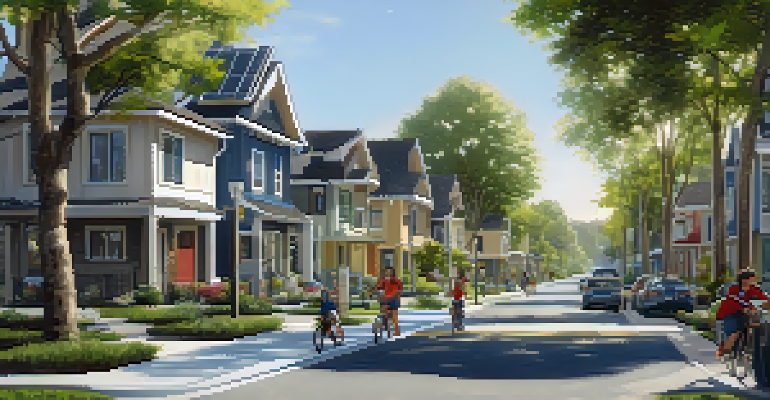 A peaceful residential area with eco-friendly homes, bike lanes, and charging stations, showcasing families enjoying the outdoors.