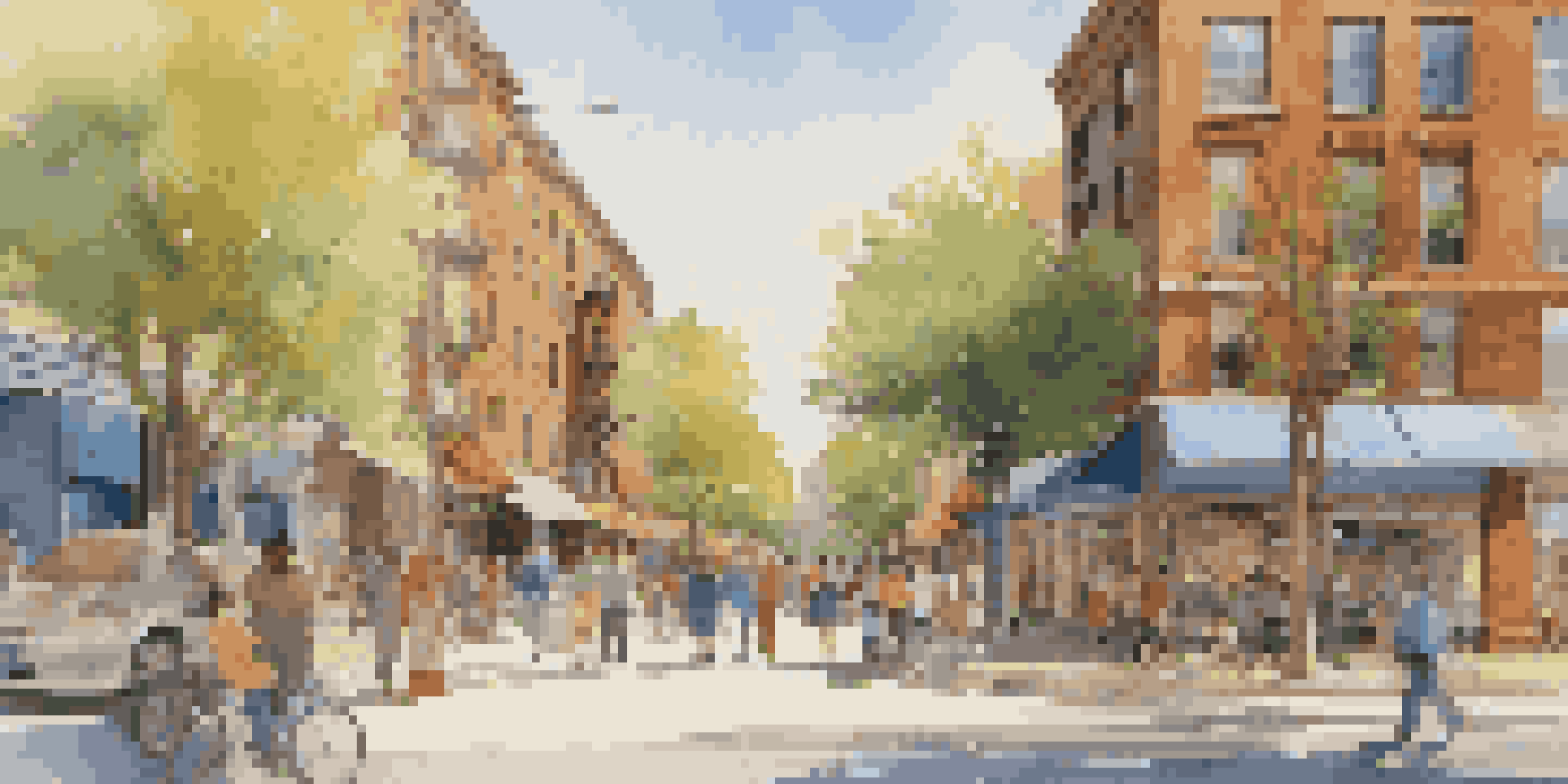An urban neighborhood with colorful residential buildings and shops, filled with people walking on sunny sidewalks.