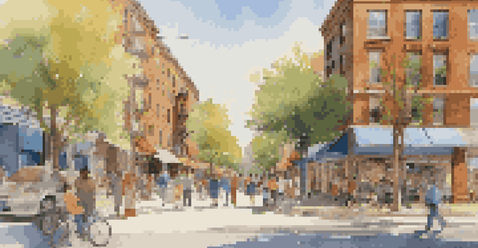 An urban neighborhood with colorful residential buildings and shops, filled with people walking on sunny sidewalks.