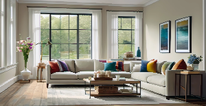 A cozy living room with a modern sofa, colorful cushions, a wooden coffee table with flowers, and large windows filled with natural light.