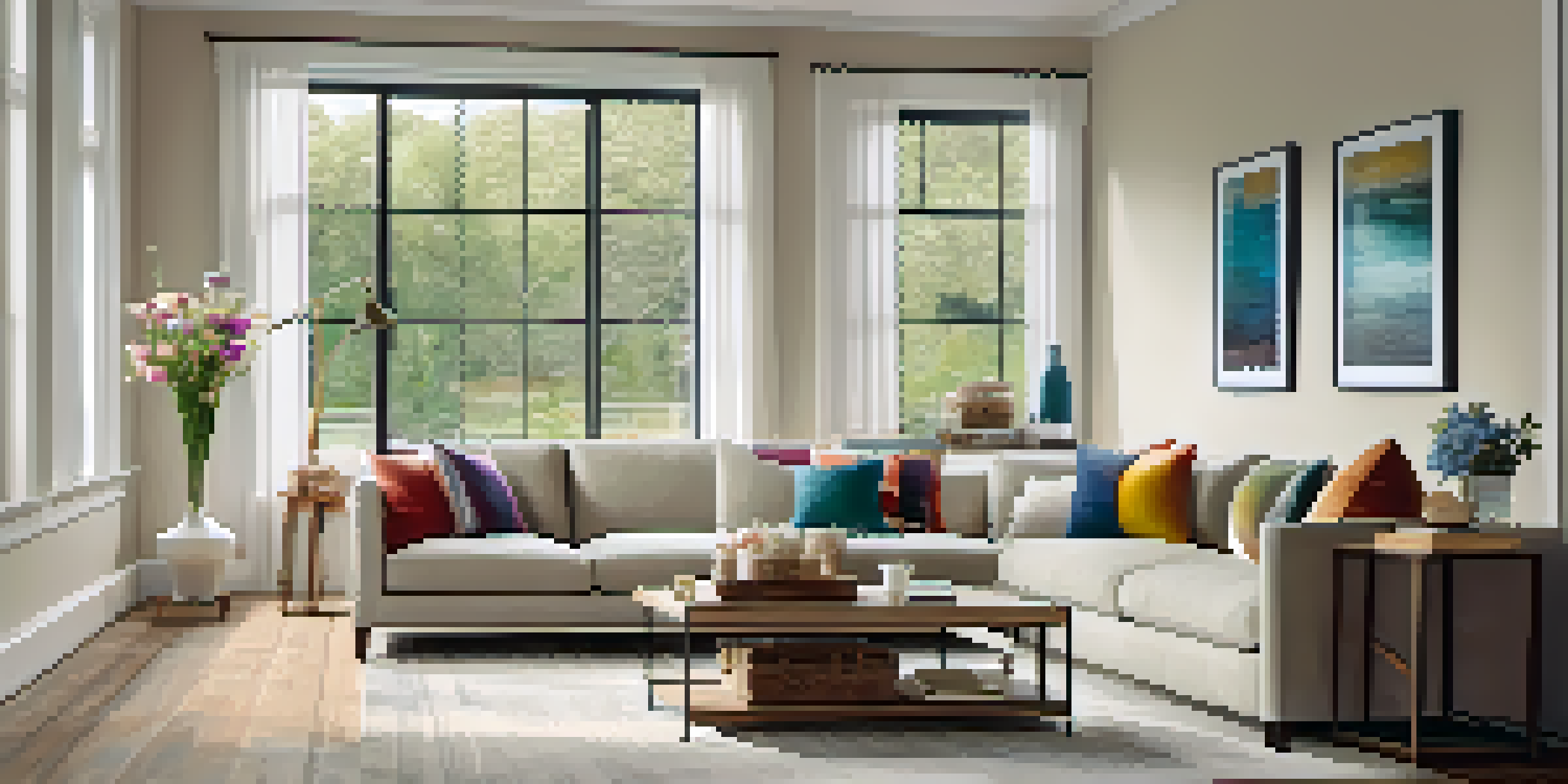A cozy living room with a modern sofa, colorful cushions, a wooden coffee table with flowers, and large windows filled with natural light.