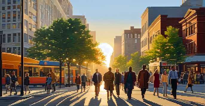 A lively city street filled with diverse pedestrians and modern buildings during sunset.
