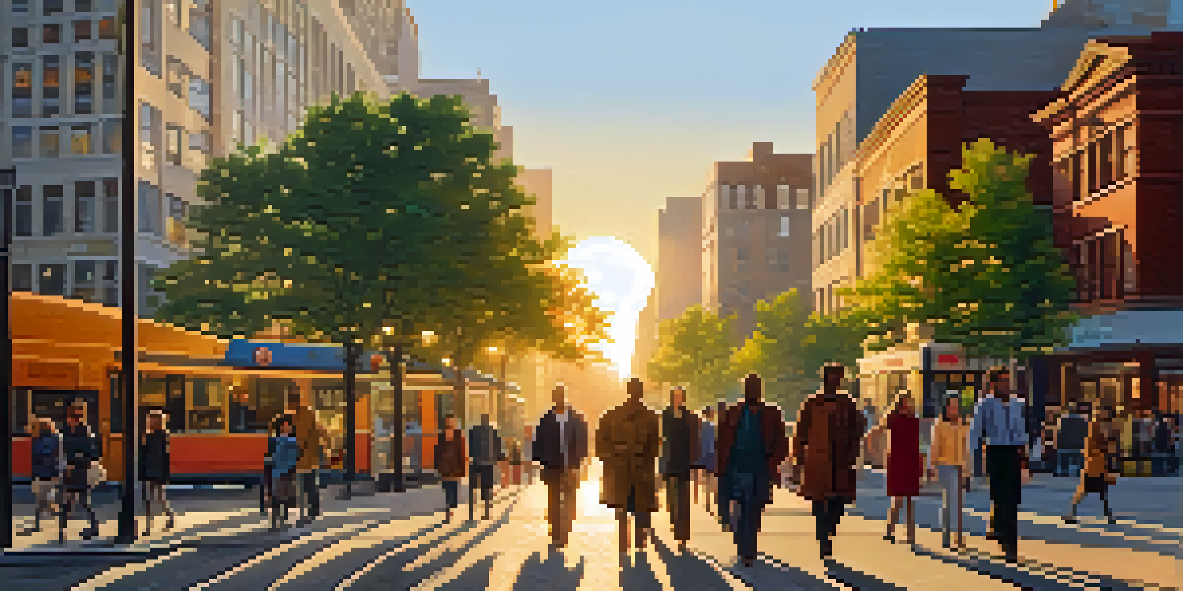 A lively city street filled with diverse pedestrians and modern buildings during sunset.