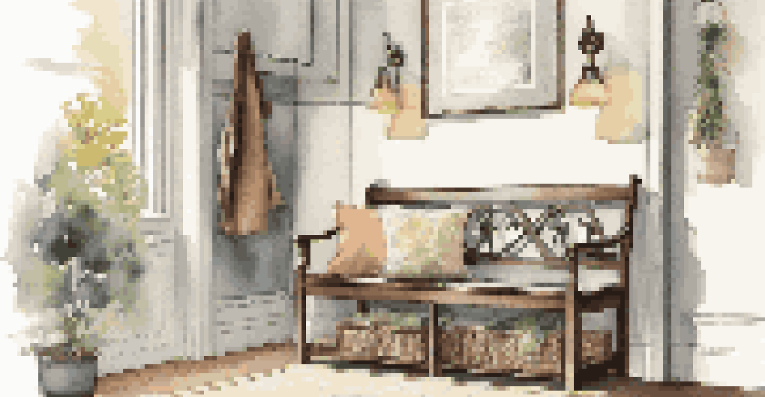 An inviting entryway with a multifunctional bench and decorative hooks, lit by soft lighting from a stylish lamp.