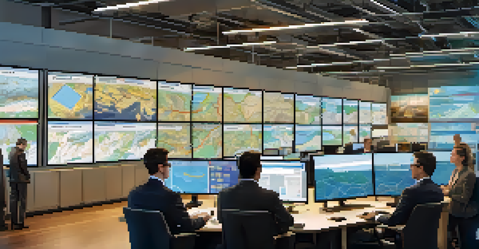 An office room with professionals analyzing logistics data on screens, surrounded by maps and charts in a well-lit environment.