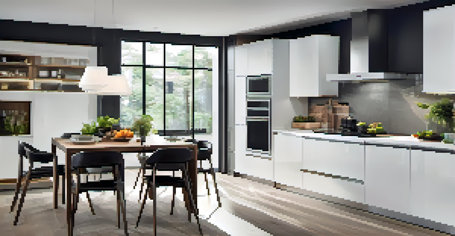 A modern kitchen featuring smart appliances like a touchscreen refrigerator and a smart oven, with bright LED lighting.