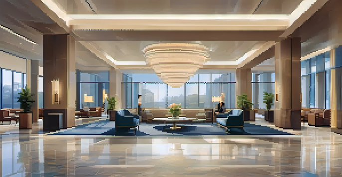 A modern hotel lobby with sleek furniture and large windows, guests using smartphones to explore the space.