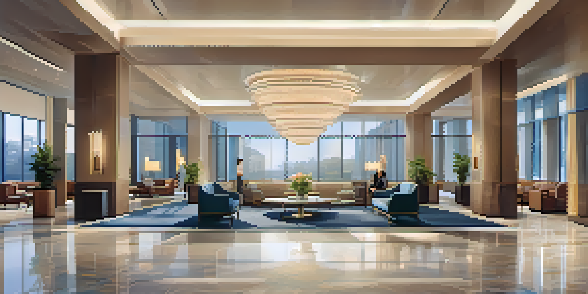 A modern hotel lobby with sleek furniture and large windows, guests using smartphones to explore the space.