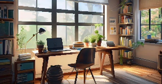 A warm and inviting home office with a wooden desk, laptop, coffee cup, and potted plant, illuminated by natural light.