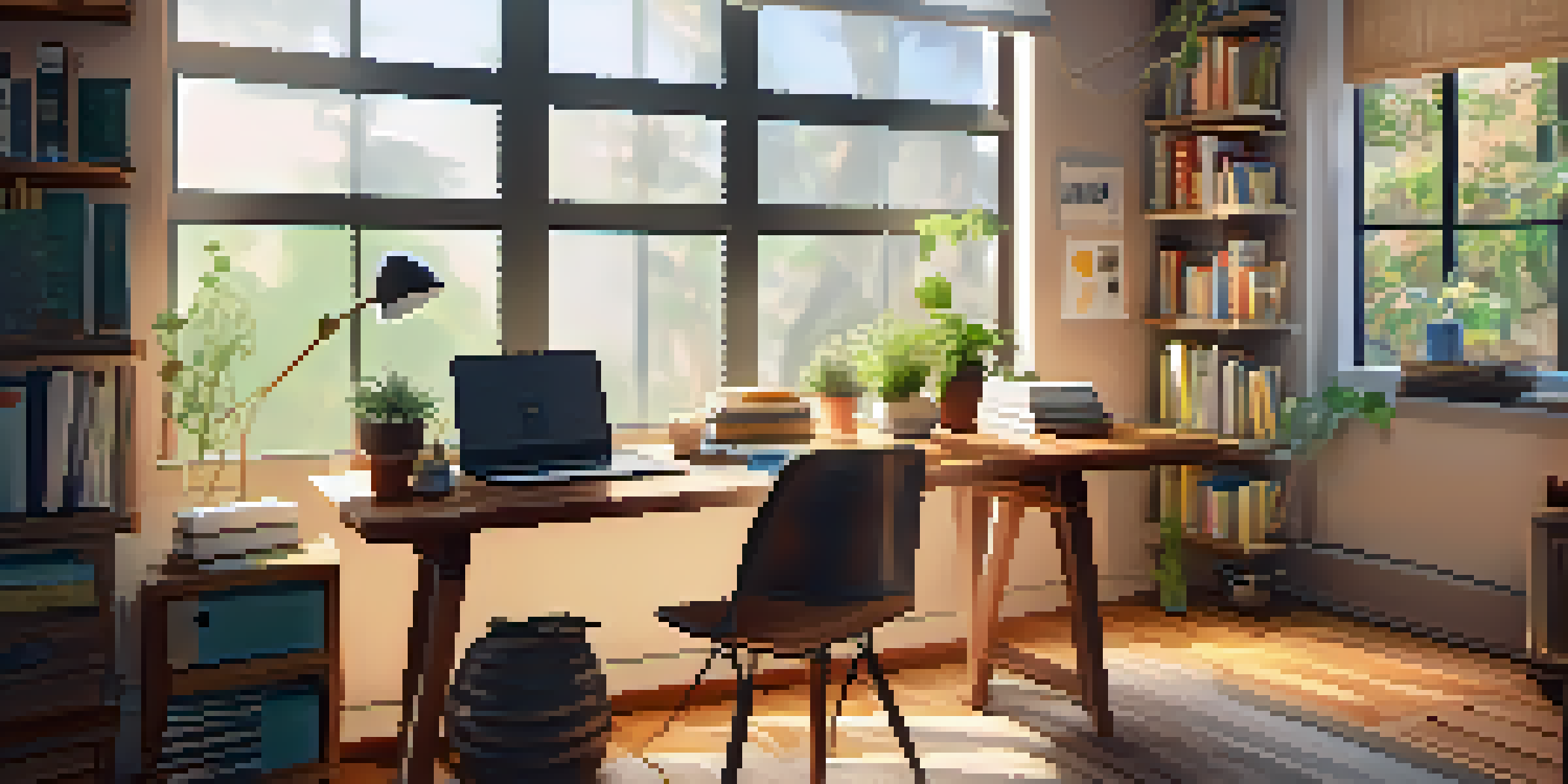 A warm and inviting home office with a wooden desk, laptop, coffee cup, and potted plant, illuminated by natural light.