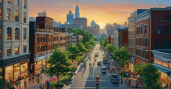 A lively city scene with modern buildings and historic architecture during sunset, featuring diverse people and a green park in the foreground.