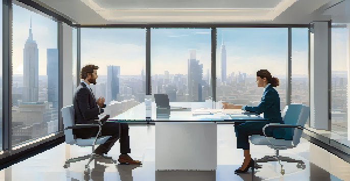 A modern office with two individuals engaged in a friendly negotiation over a glass table, with a city skyline in the background.
