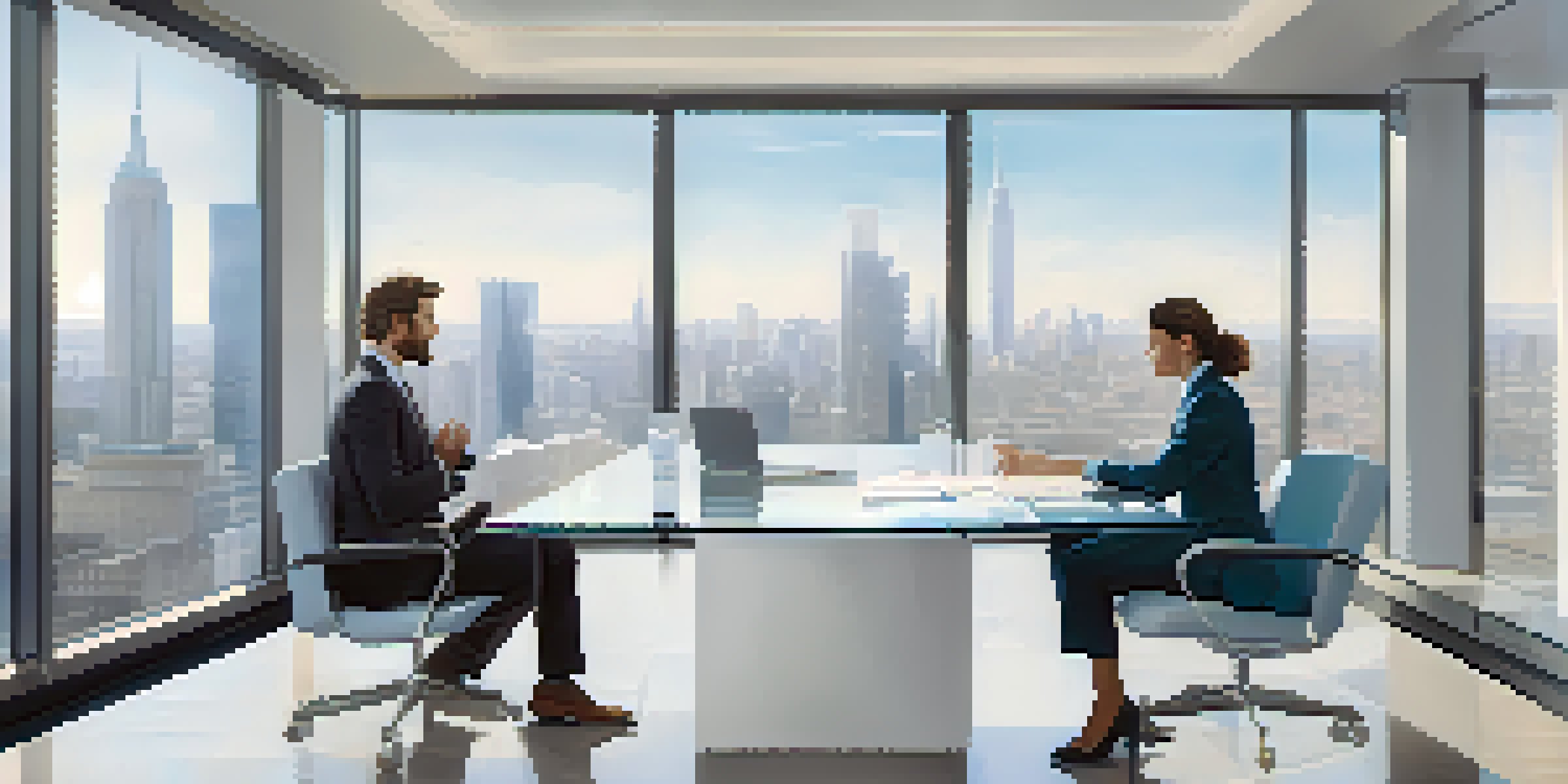 A modern office with two individuals engaged in a friendly negotiation over a glass table, with a city skyline in the background.