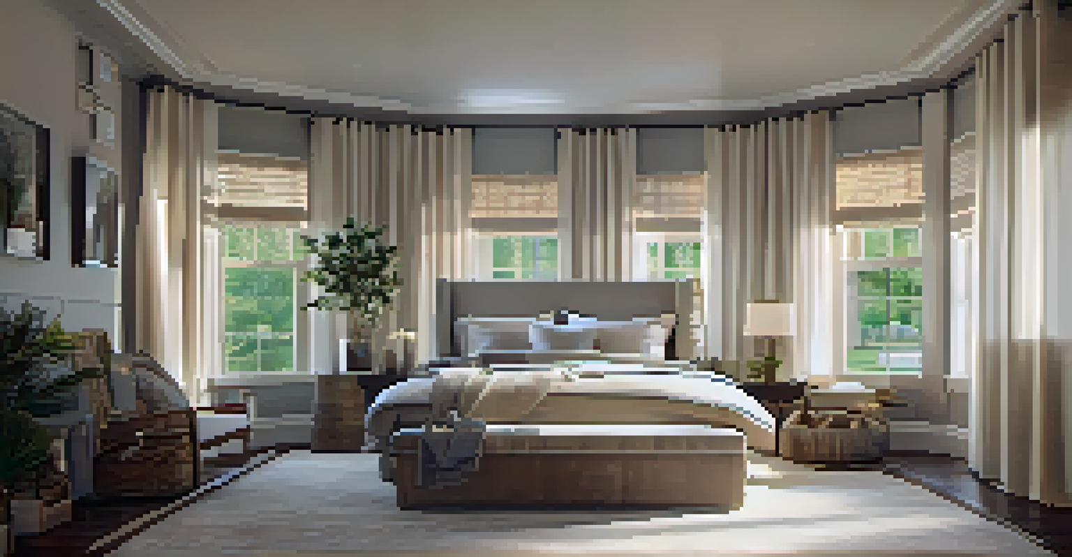 A serene and inviting bedroom with a well-made bed, reading nook, and soft lighting, designed to feel cozy and relaxing.
