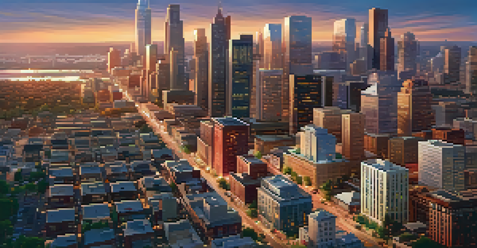 An aerial view of diverse properties including homes and commercial buildings against a sunset backdrop.