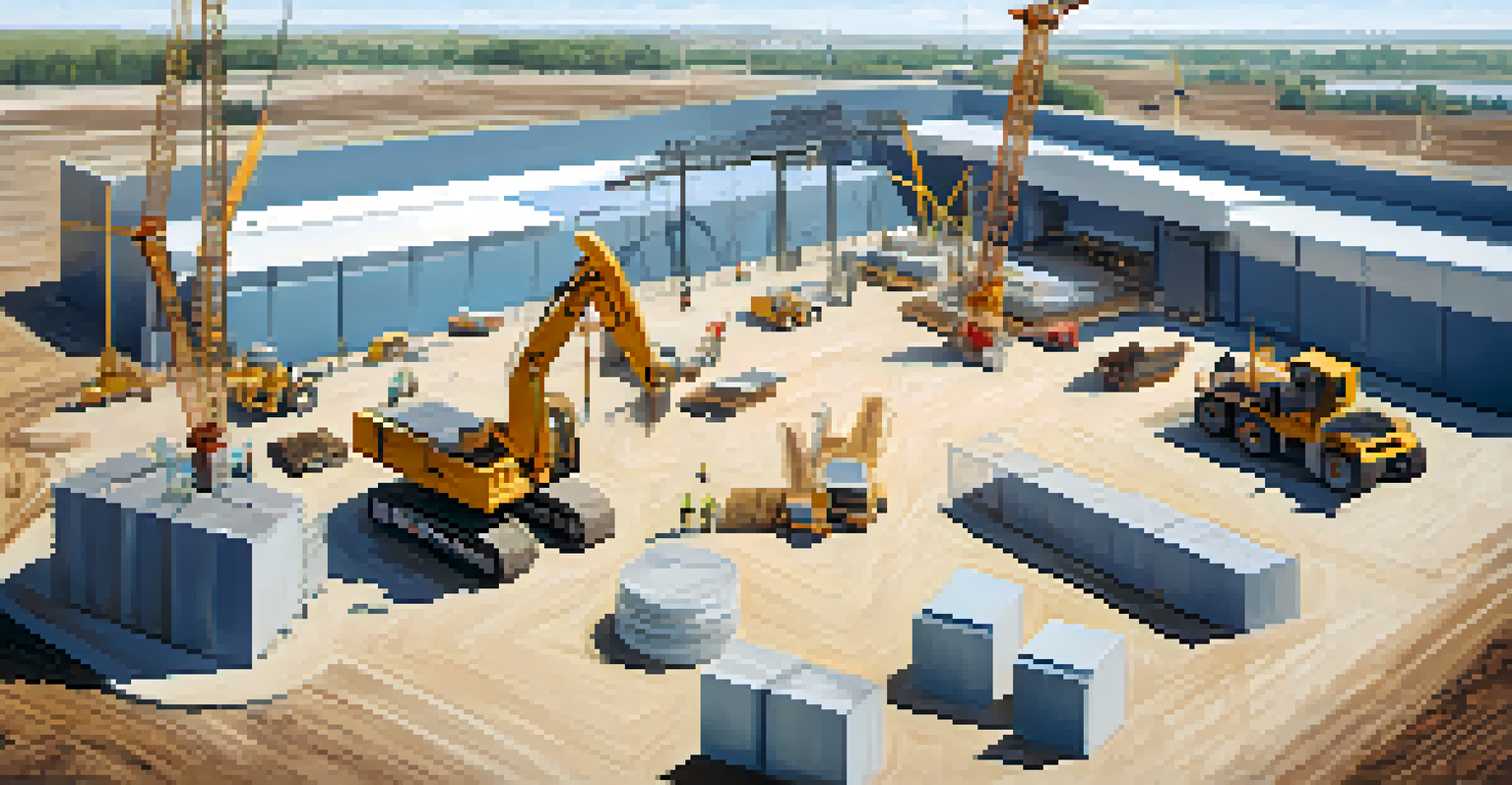 A construction site of an eco-friendly building from above, showing workers, cranes, and sustainable materials under a clear blue sky.