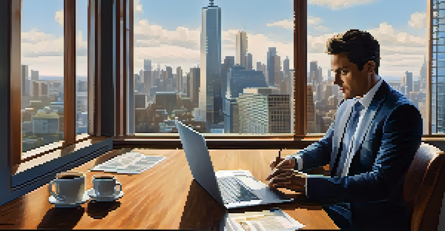 An investor working at a desk with documents and a laptop, overlooking a city skyline.