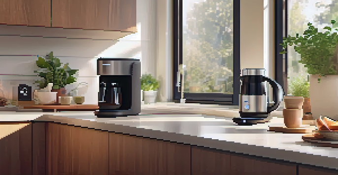 A modern kitchen with a coffee maker and a smart speaker, illuminated by sunlight, giving a warm and inviting feel.