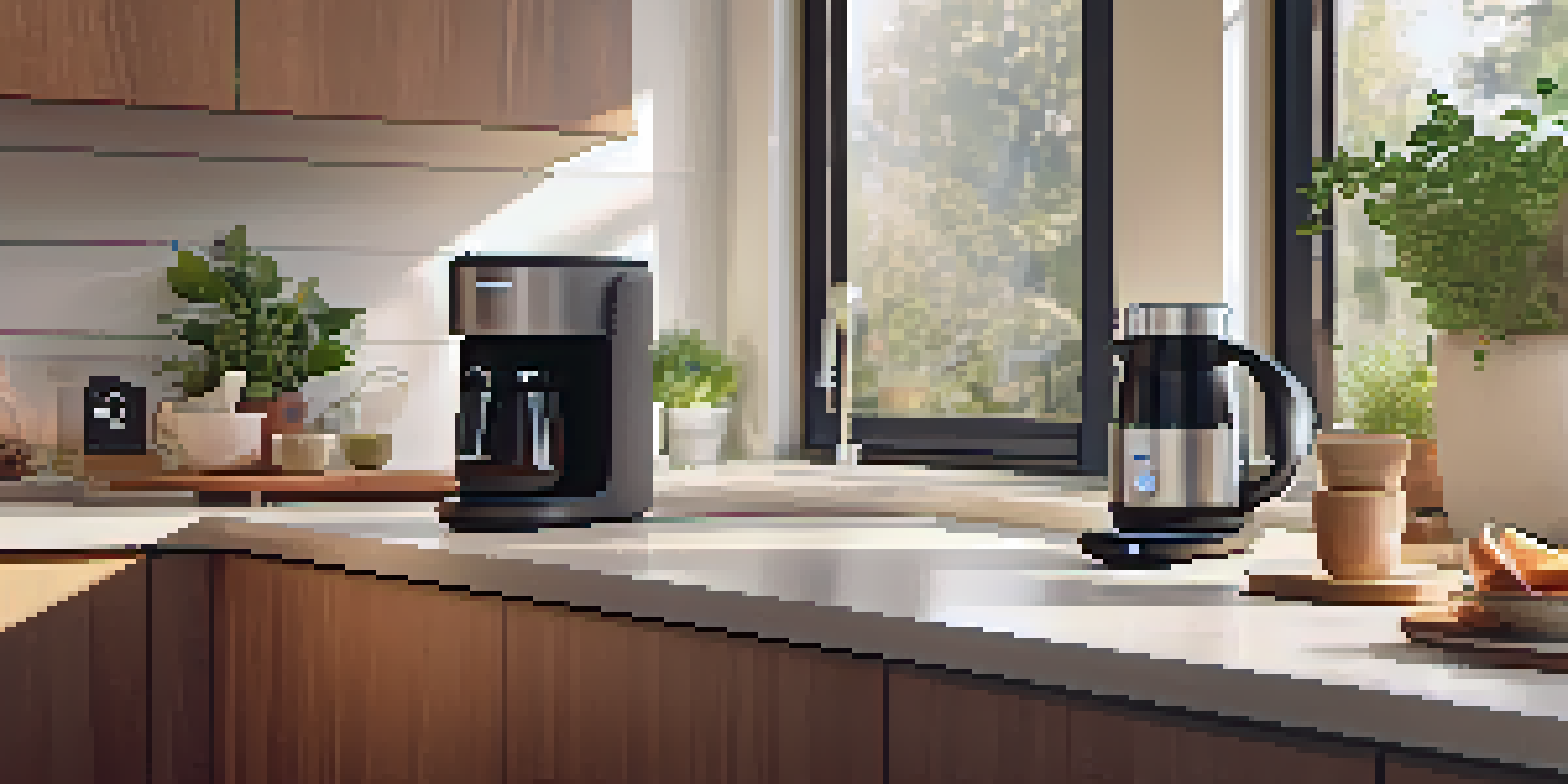 A modern kitchen with a coffee maker and a smart speaker, illuminated by sunlight, giving a warm and inviting feel.