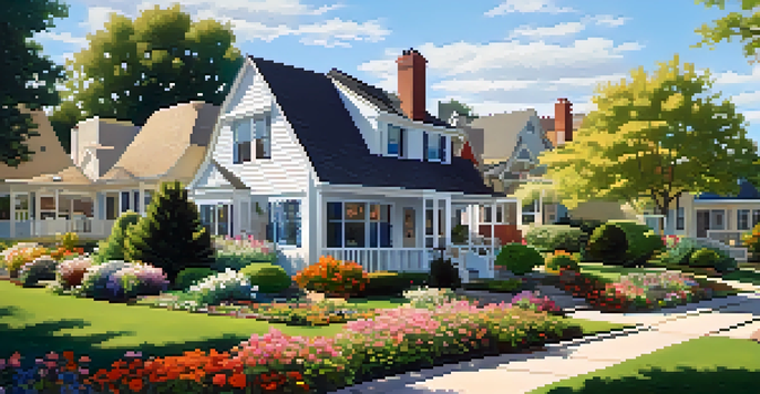 A peaceful suburban neighborhood with various houses and lush gardens under a clear blue sky.