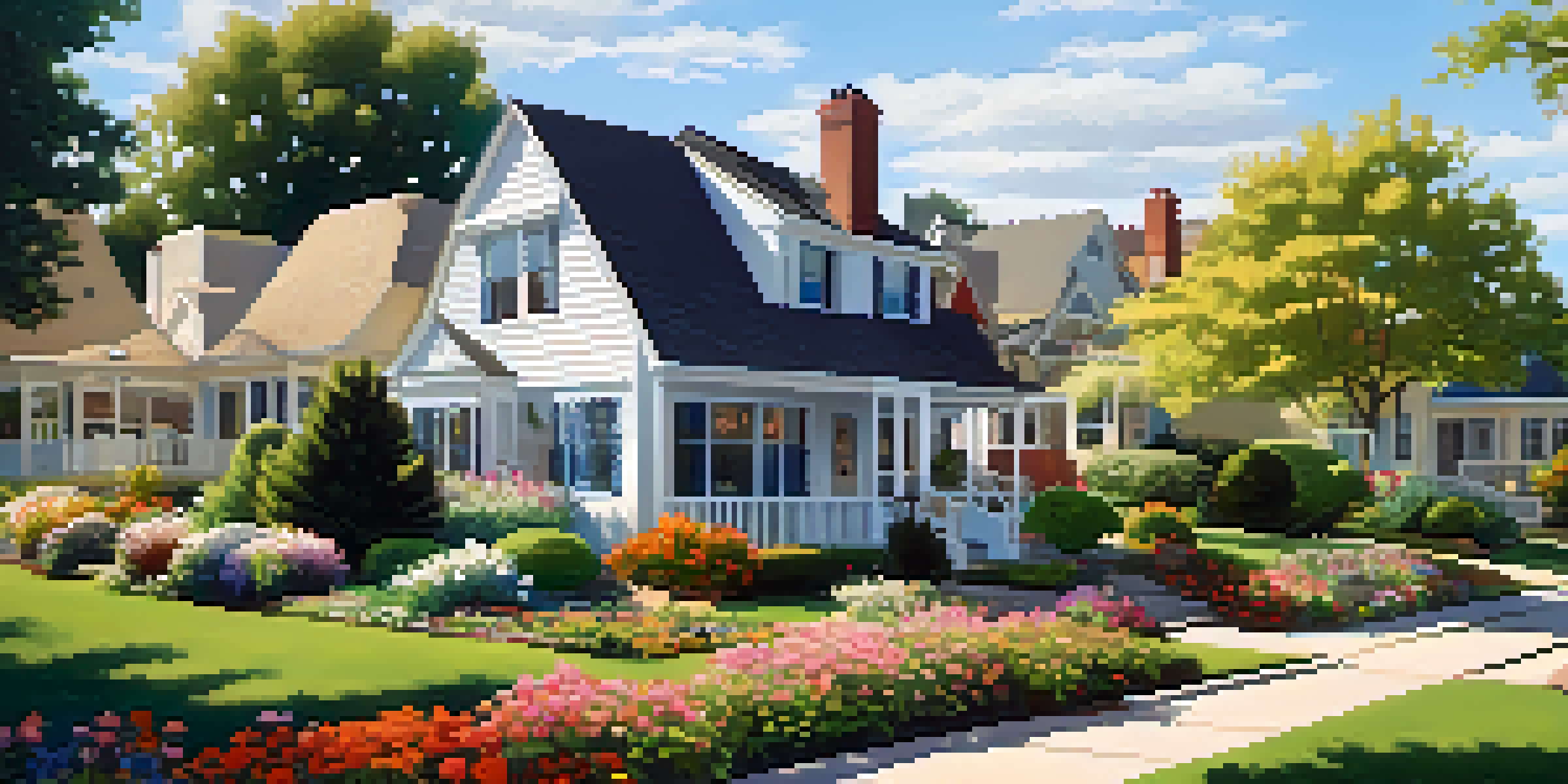 A peaceful suburban neighborhood with various houses and lush gardens under a clear blue sky.